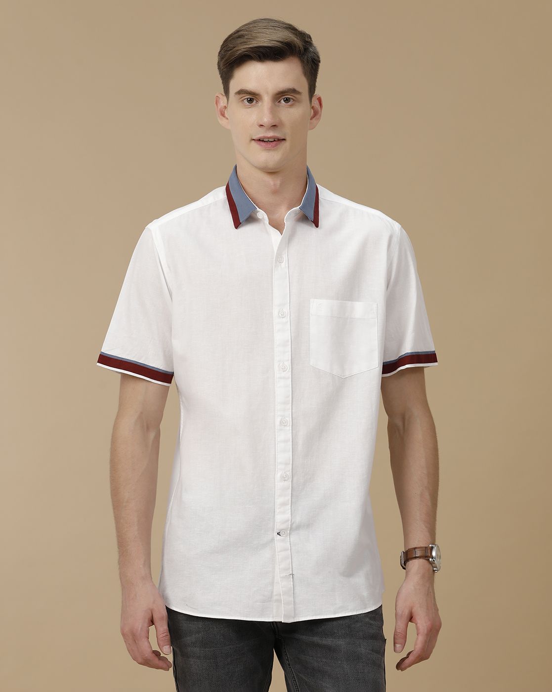 Men's Blended Linen White Solid Contemporary Fit Half Sleeve Casual Shirt