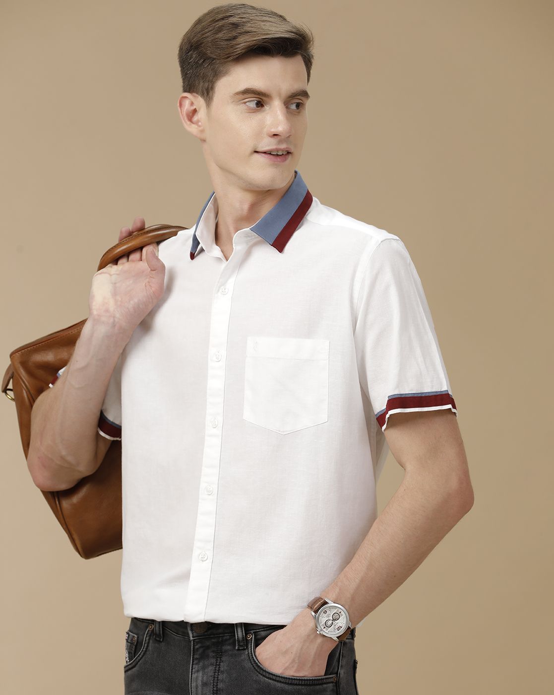 Men's Blended Linen White Solid Contemporary Fit Half Sleeve Casual Shirt