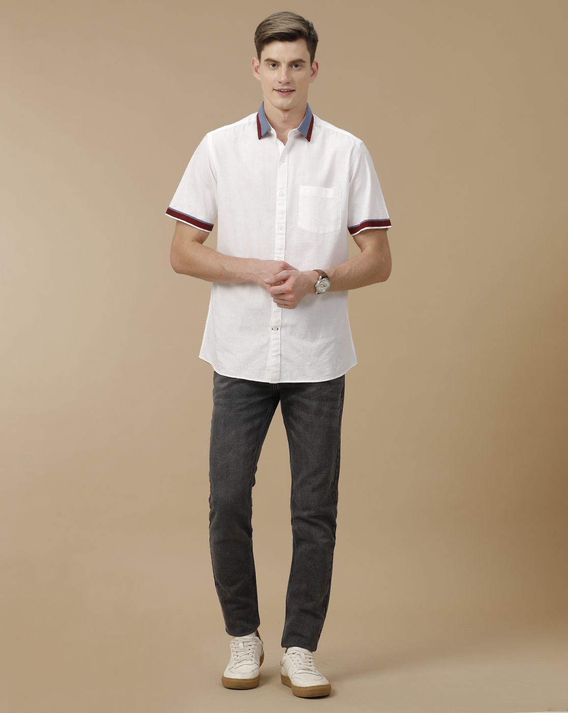 Men's Blended Linen White Solid Contemporary Fit Half Sleeve Casual Shirt