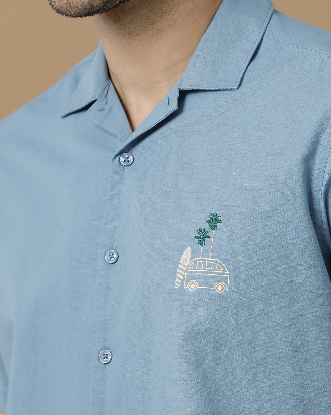 Men's Blended Linen Blue Solid Contemporary Fit Half Sleeve Casual Shirt