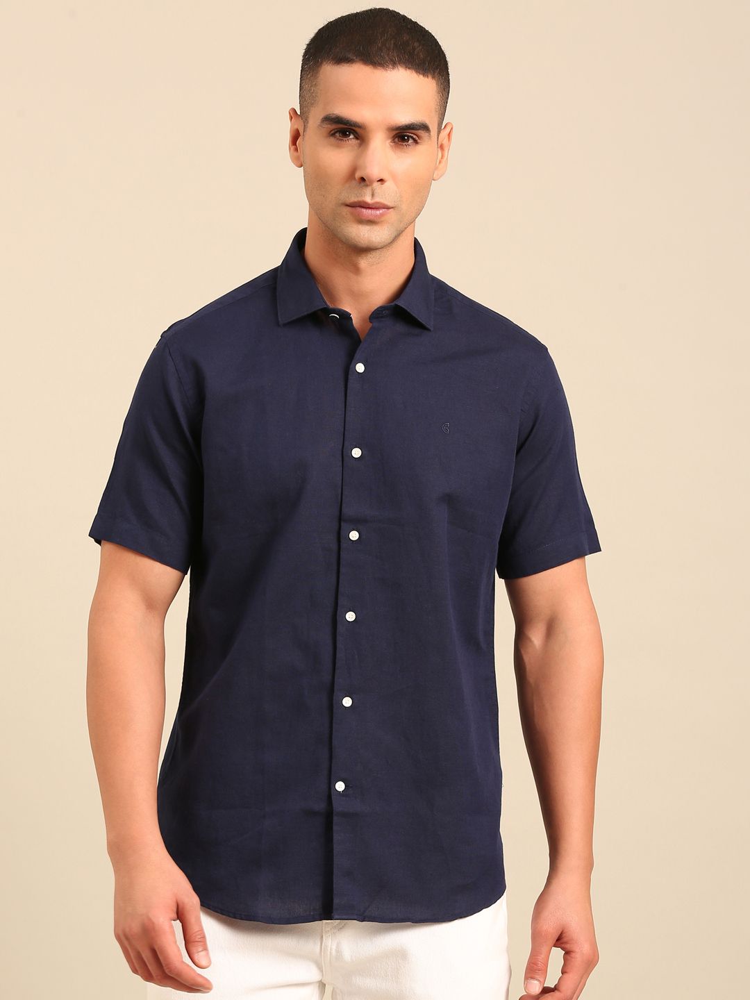 Cavallo by Linen Club Men's Contemporary Fit Linen blend Half Sleeve Solid Shirt CASHSD856L941