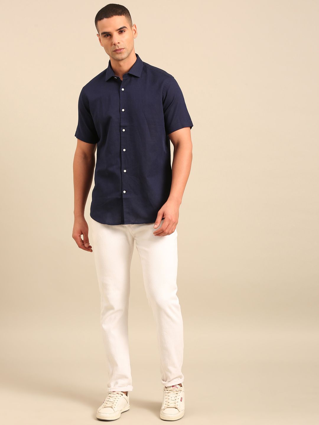 Cavallo by Linen Club Men's Contemporary Fit Linen blend Half Sleeve Solid Shirt CASHSD856L941
