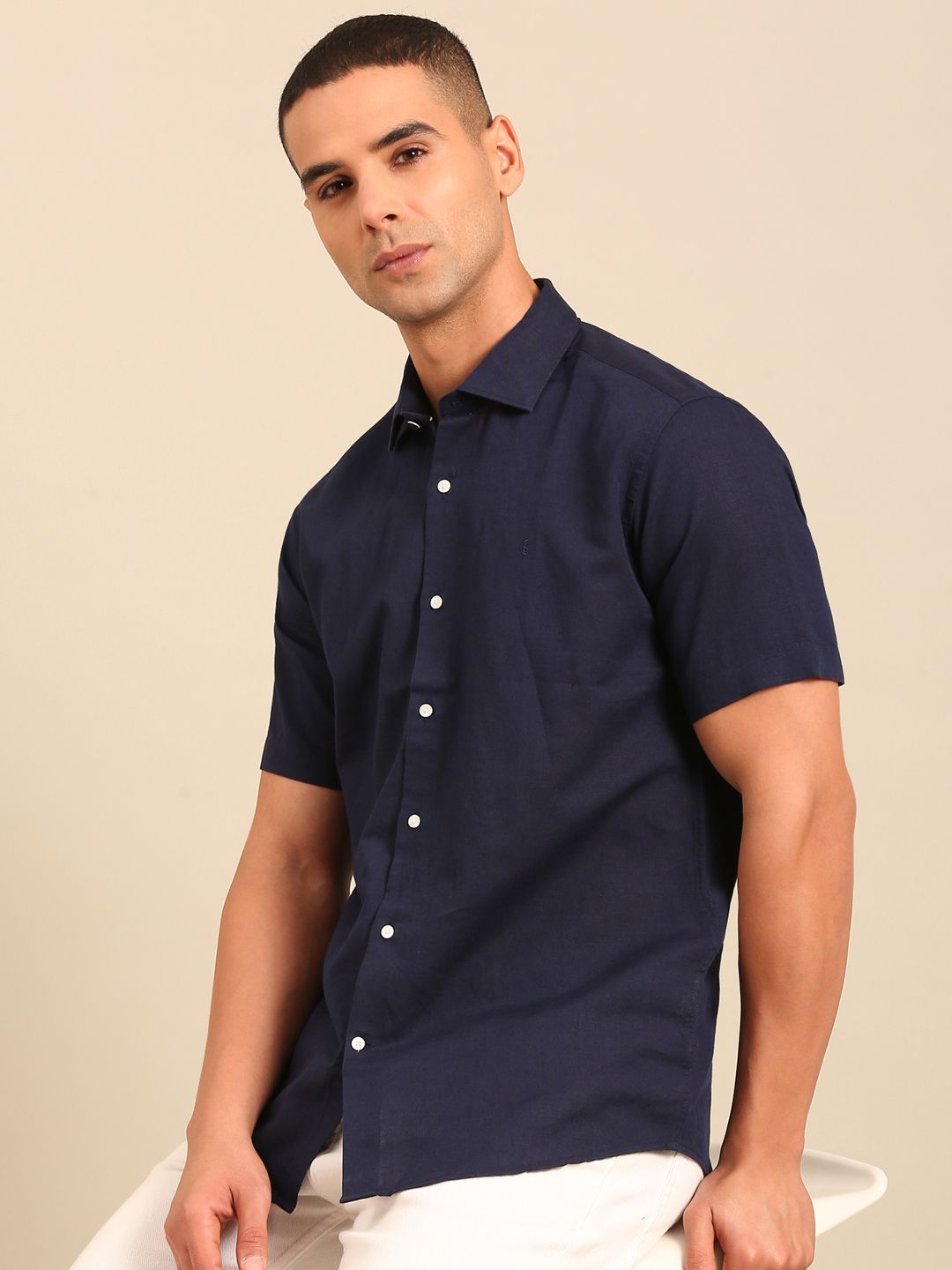 Cavallo by Linen Club Men's Contemporary Fit Linen blend Half Sleeve Solid Shirt CASHSD856L941