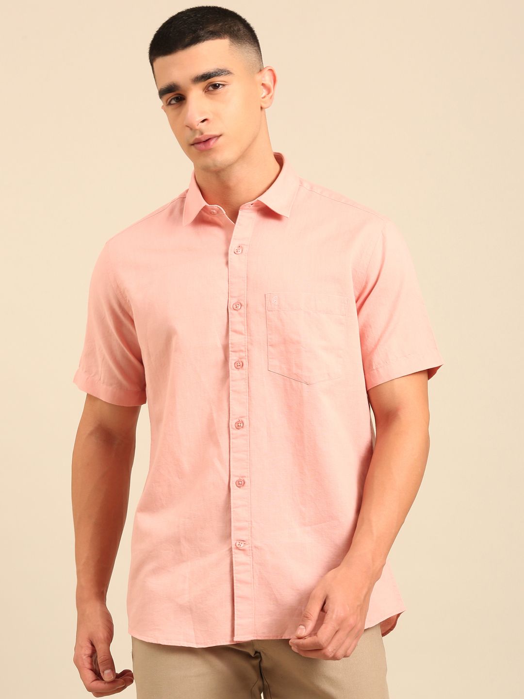 Cavallo by Linen Club Men's Contemporary Fit Linen blend Half Sleeve Solid Shirt CASHSDN02L839