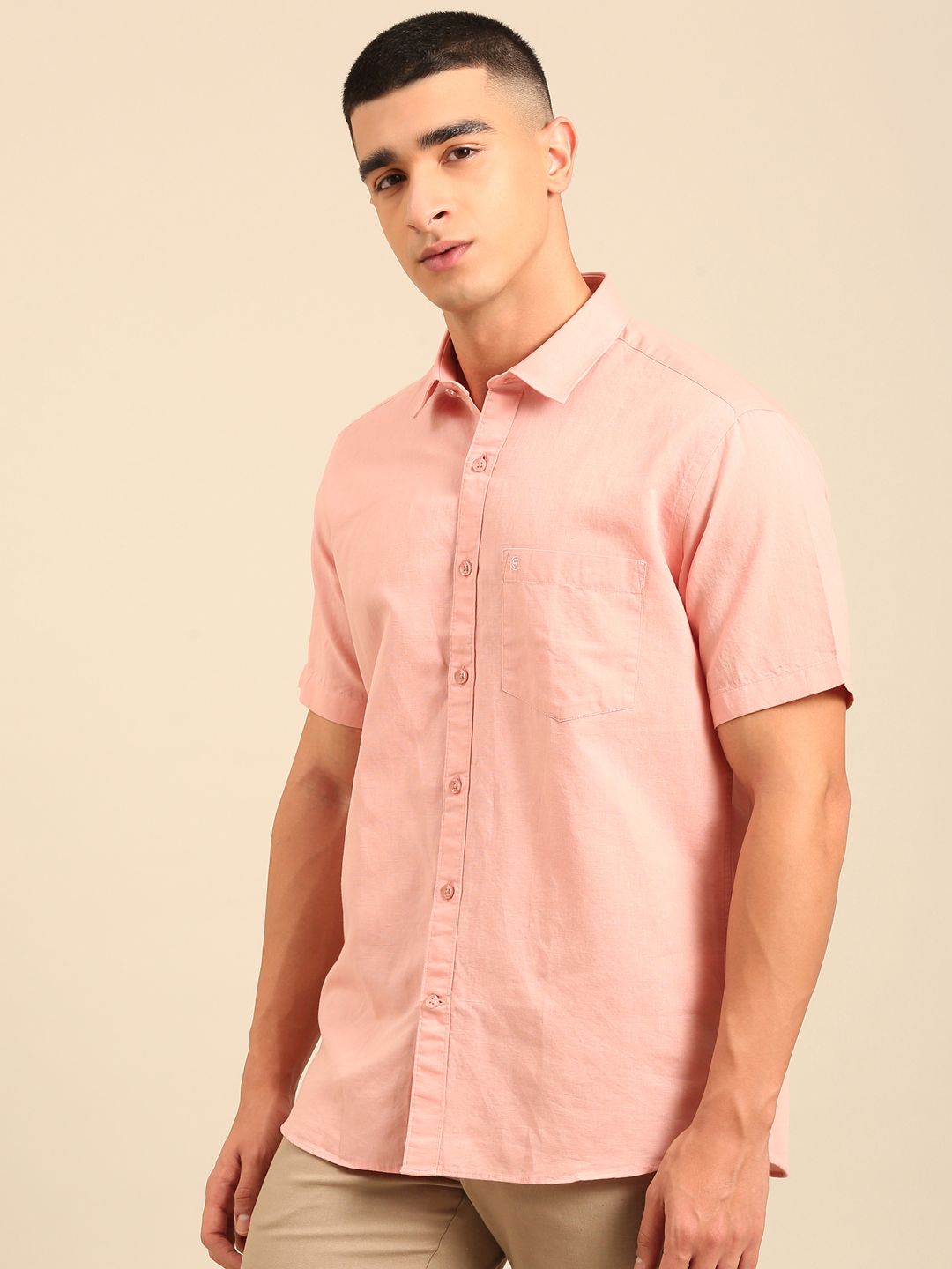 Cavallo by Linen Club Men's Contemporary Fit Linen blend Half Sleeve Solid Shirt CASHSDN02L839