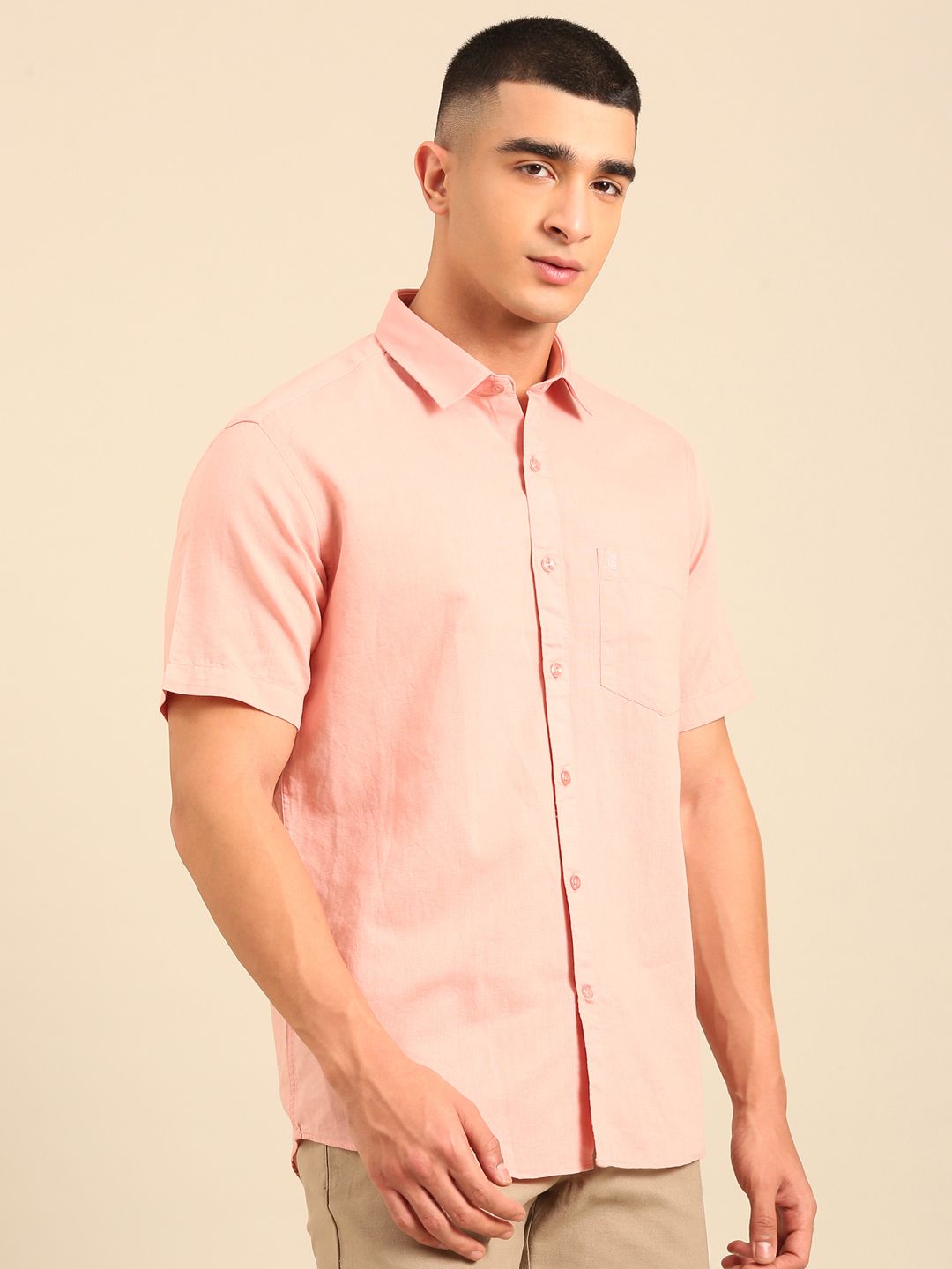 Cavallo by Linen Club Men's Contemporary Fit Linen blend Half Sleeve Solid Shirt CASHSDN02L839