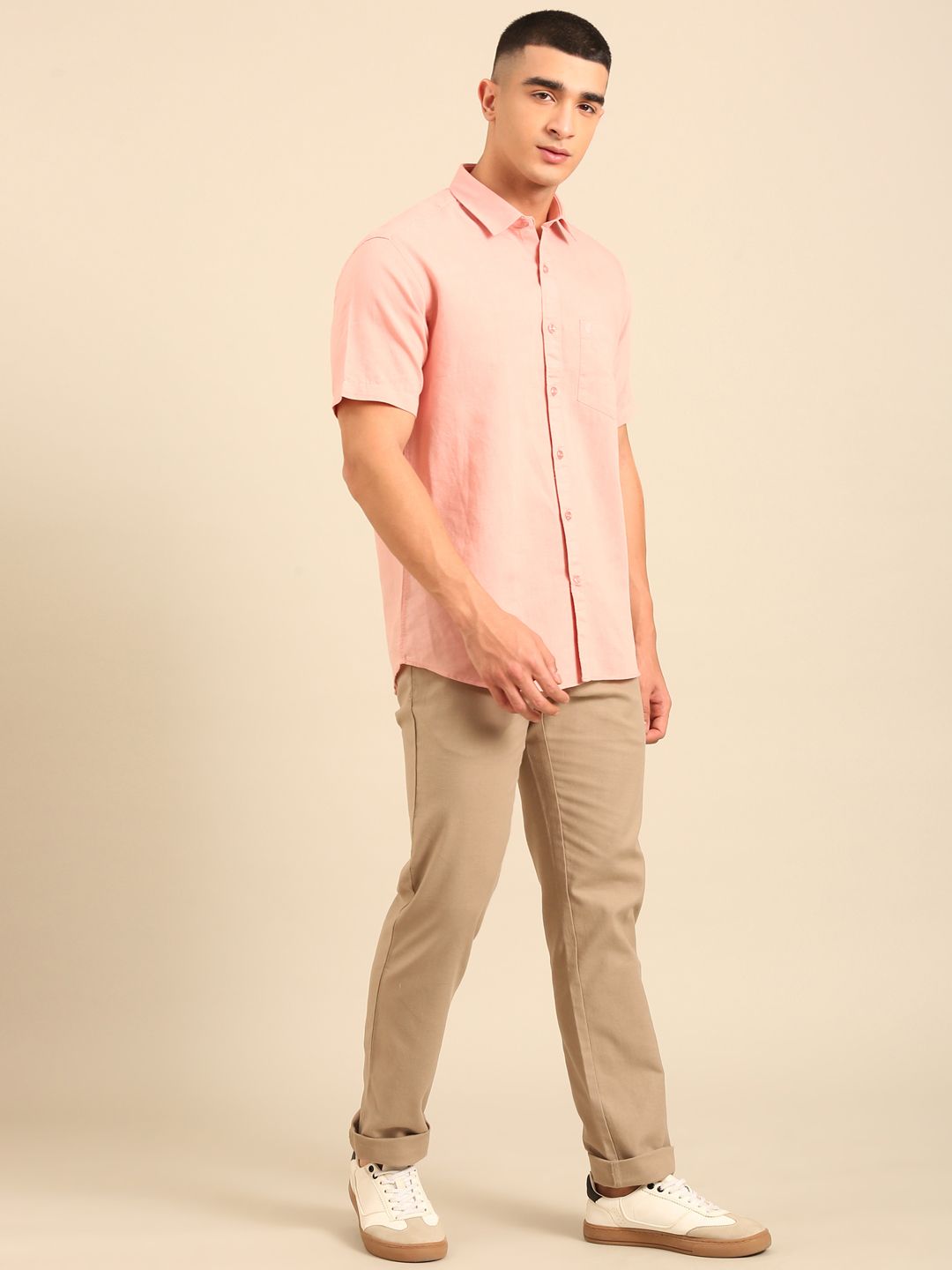Cavallo by Linen Club Men's Contemporary Fit Linen blend Half Sleeve Solid Shirt CASHSDN02L839