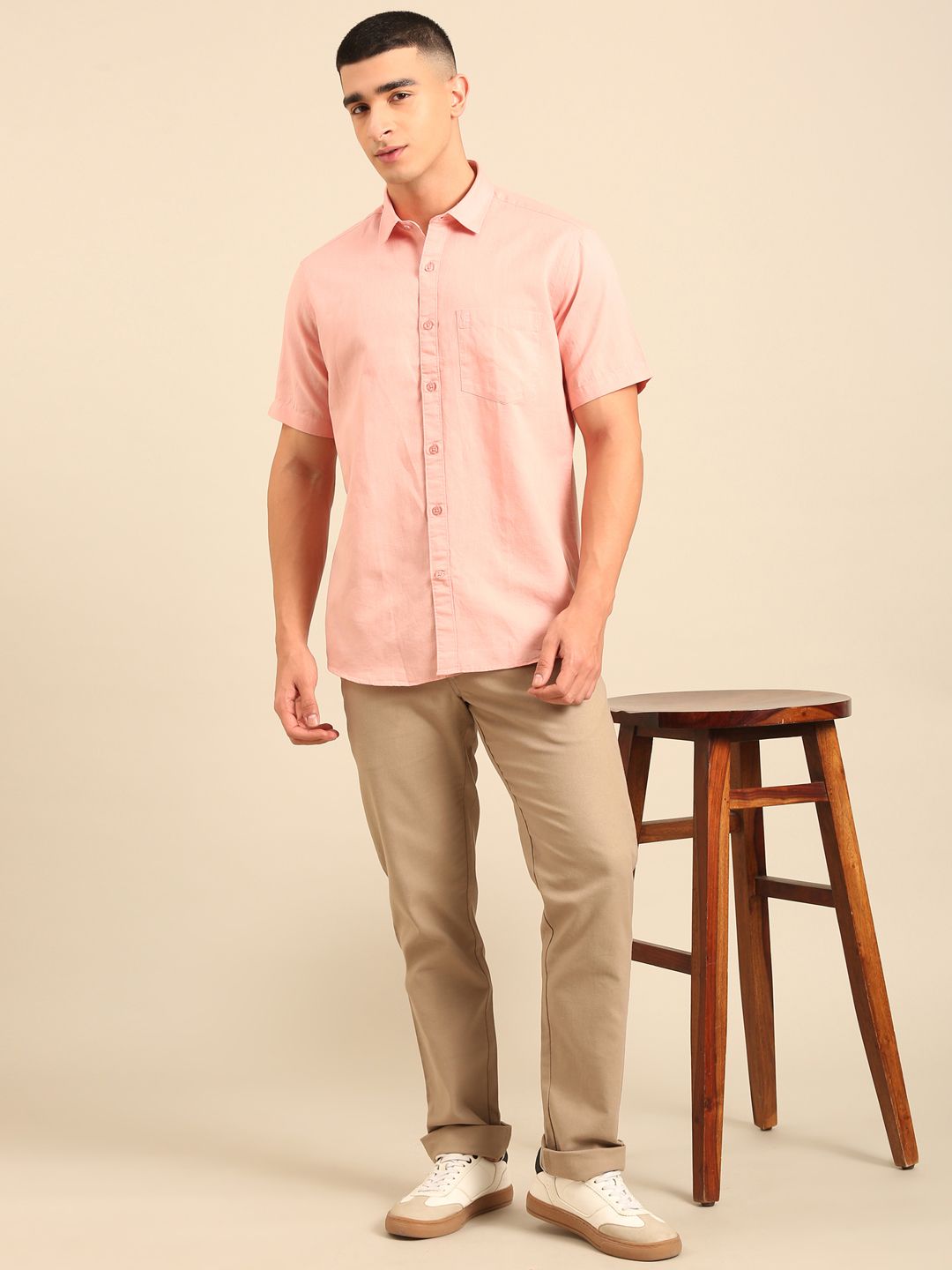 Cavallo by Linen Club Men's Contemporary Fit Linen blend Half Sleeve Solid Shirt CASHSDN02L839