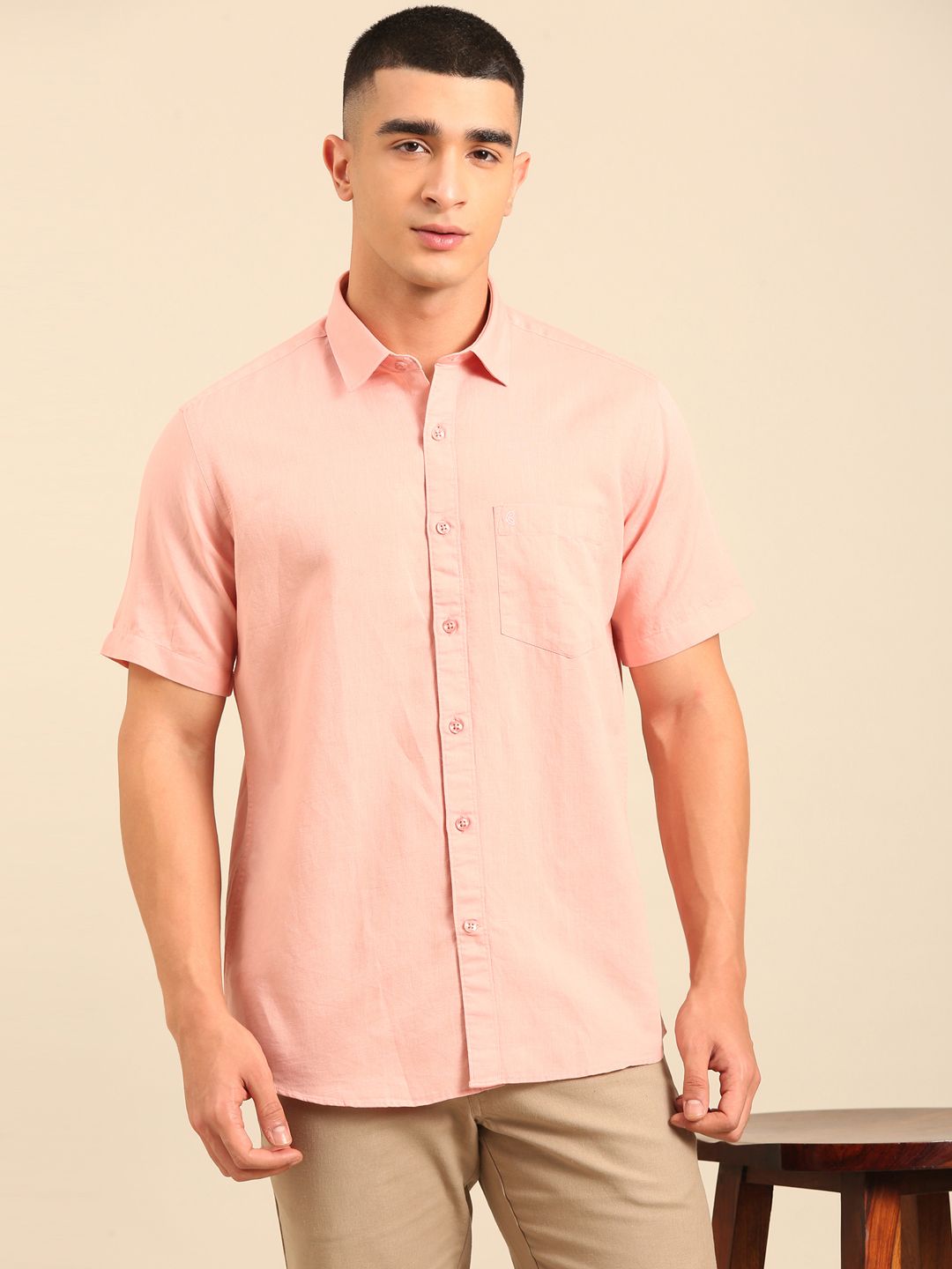Cavallo by Linen Club Men's Contemporary Fit Linen blend Half Sleeve Solid Shirt CASHSDN02L839