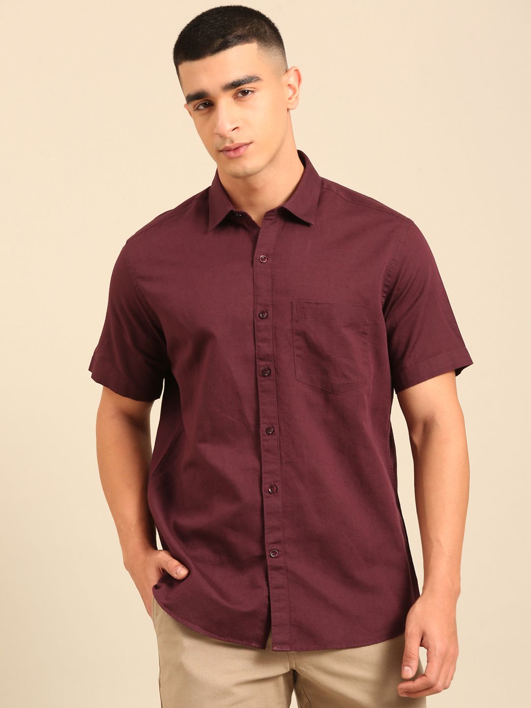 Cavallo by Linen Club Men's Contemporary Fit Linen blend Half Sleeve Solid Shirt CASHSDN02L845