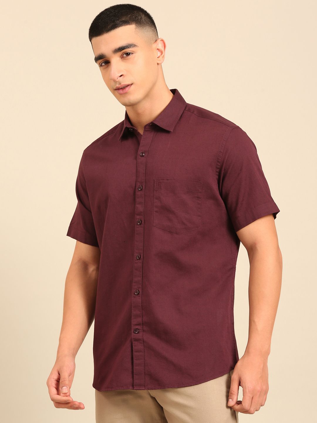 Cavallo by Linen Club Men's Contemporary Fit Linen blend Half Sleeve Solid Shirt CASHSDN02L845