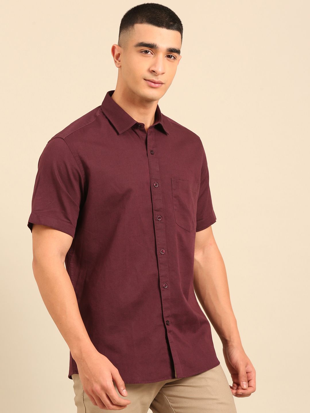 Cavallo by Linen Club Men's Contemporary Fit Linen blend Half Sleeve Solid Shirt CASHSDN02L845