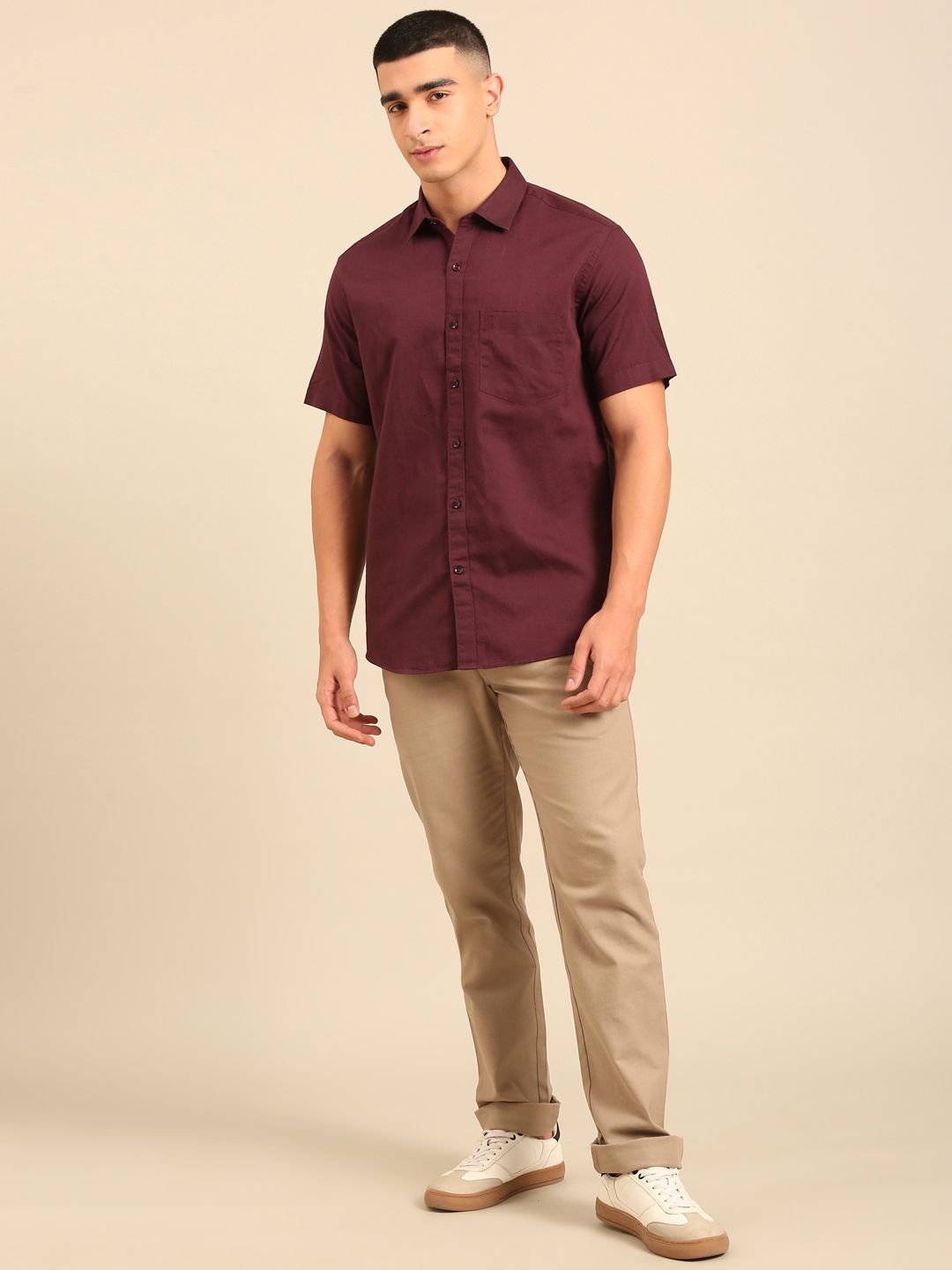 Cavallo by Linen Club Men's Contemporary Fit Linen blend Half Sleeve Solid Shirt CASHSDN02L845
