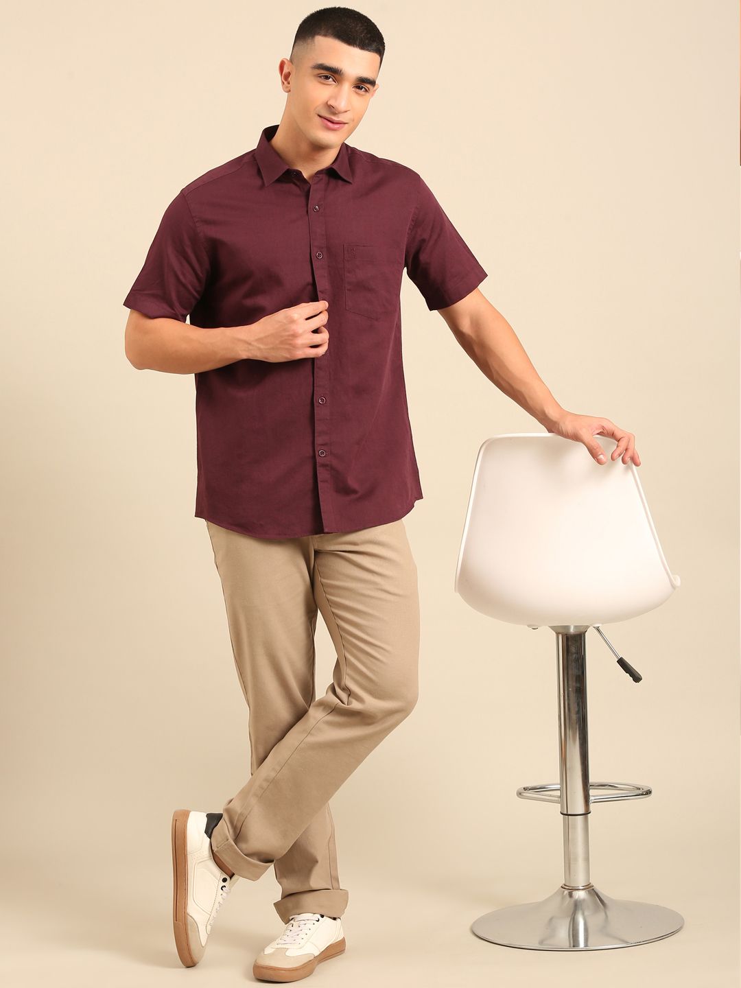 Cavallo by Linen Club Men's Contemporary Fit Linen blend Half Sleeve Solid Shirt CASHSDN02L845