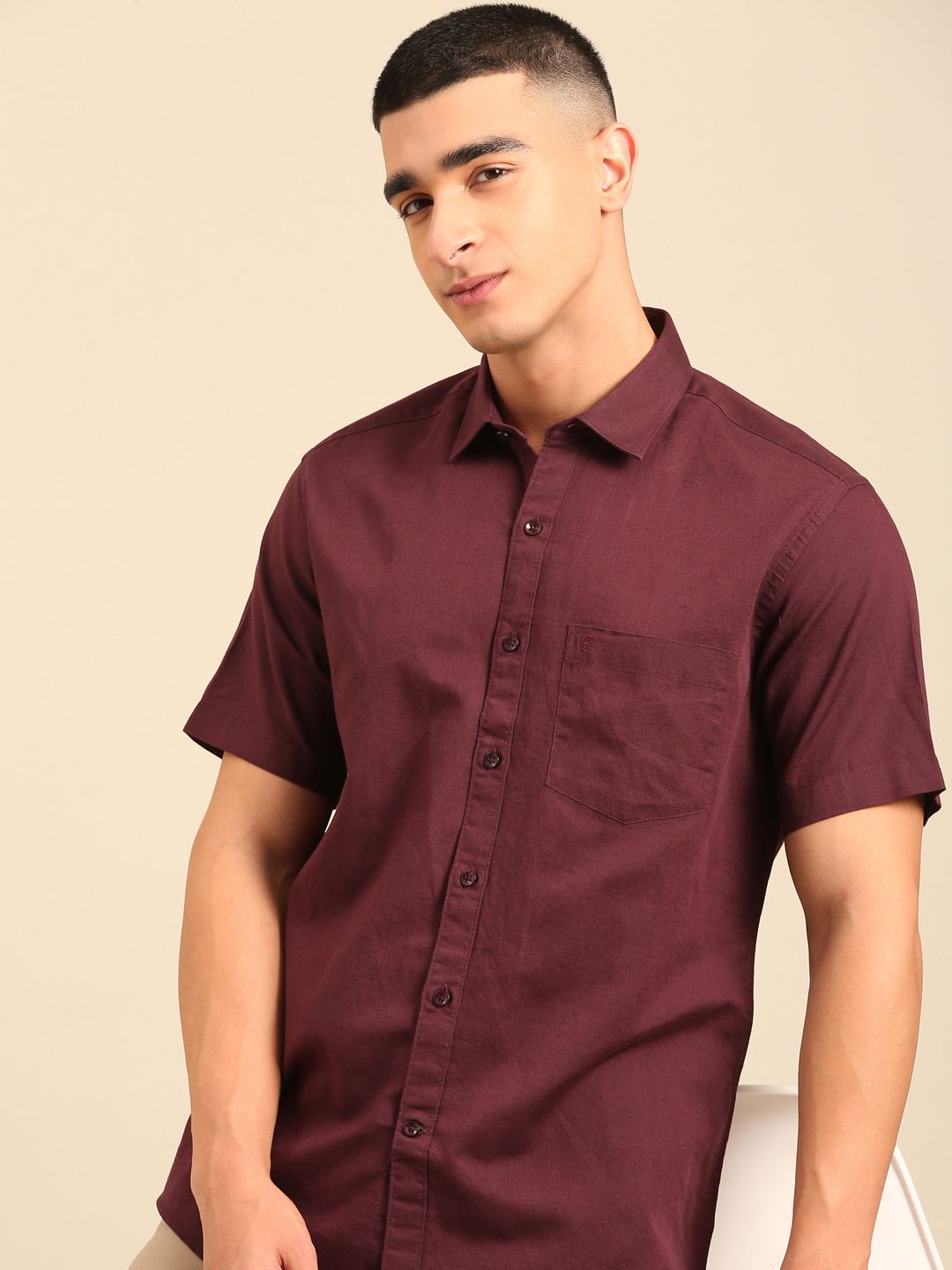 Cavallo by Linen Club Men's Contemporary Fit Linen blend Half Sleeve Solid Shirt CASHSDN02L845
