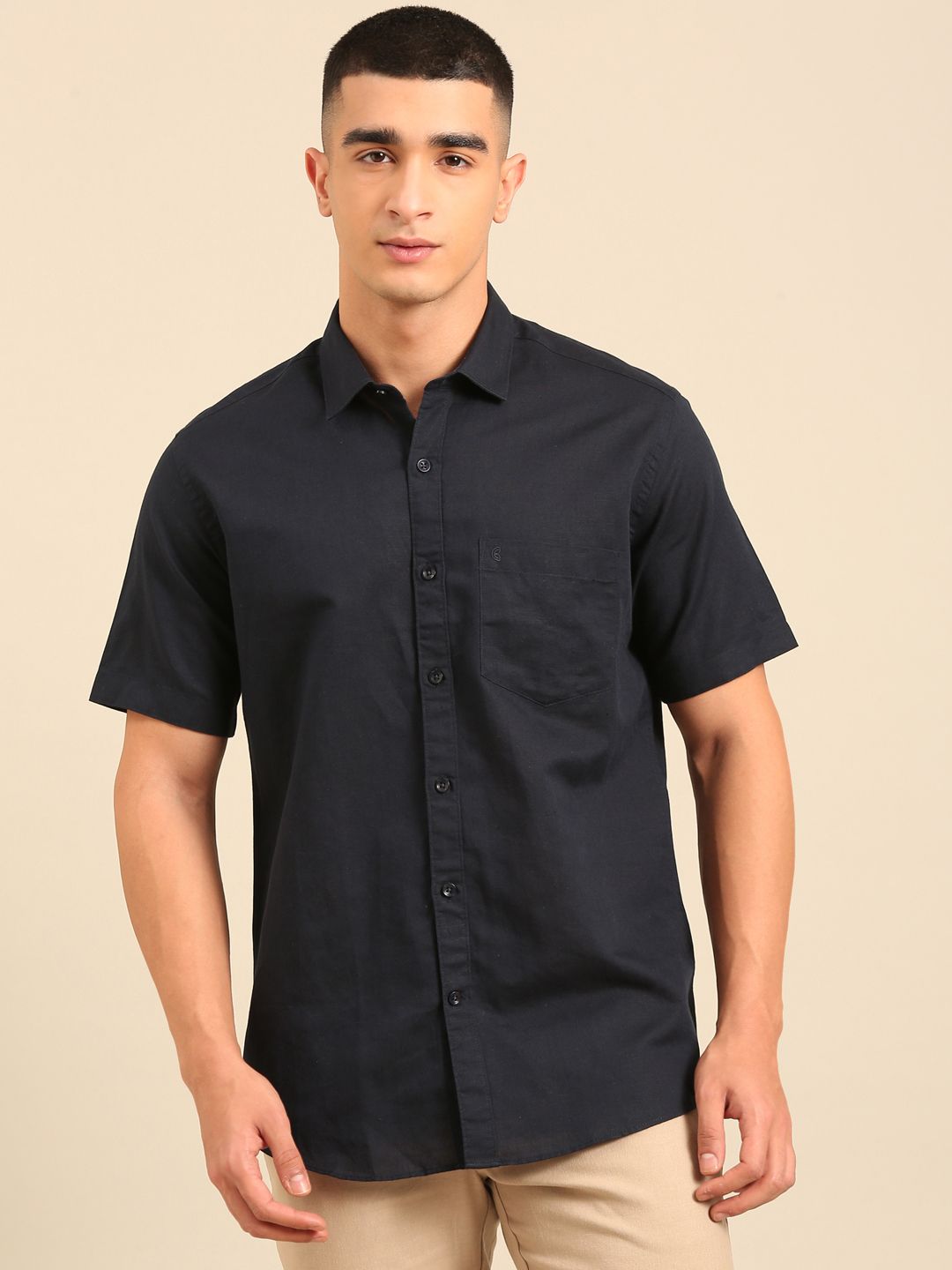 Cavallo by Linen Club Men's Contemporary Fit Linen blend Half Sleeve Solid Shirt CASHSDN02L847