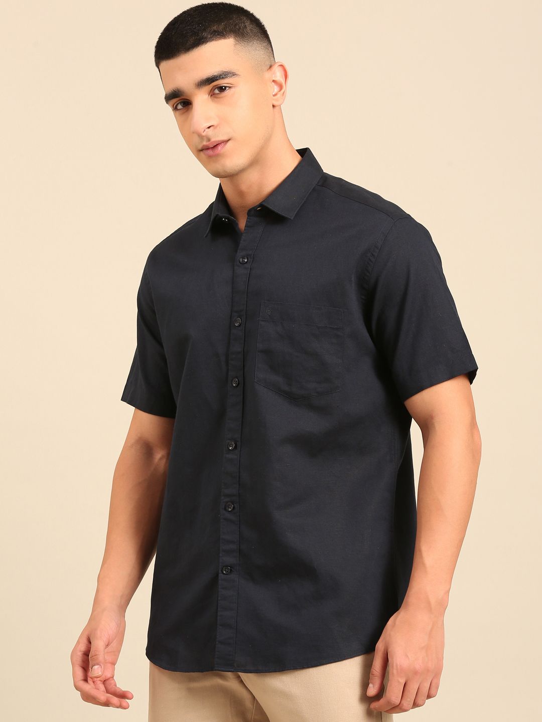 Cavallo by Linen Club Men's Contemporary Fit Linen blend Half Sleeve Solid Shirt CASHSDN02L847