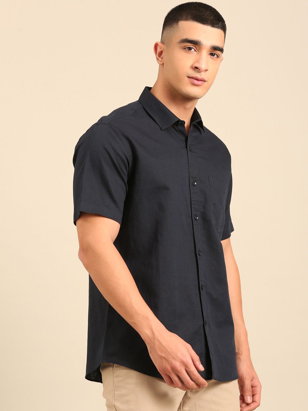 Cavallo by Linen Club Men's Contemporary Fit Linen blend Half Sleeve Solid Shirt CASHSDN02L847