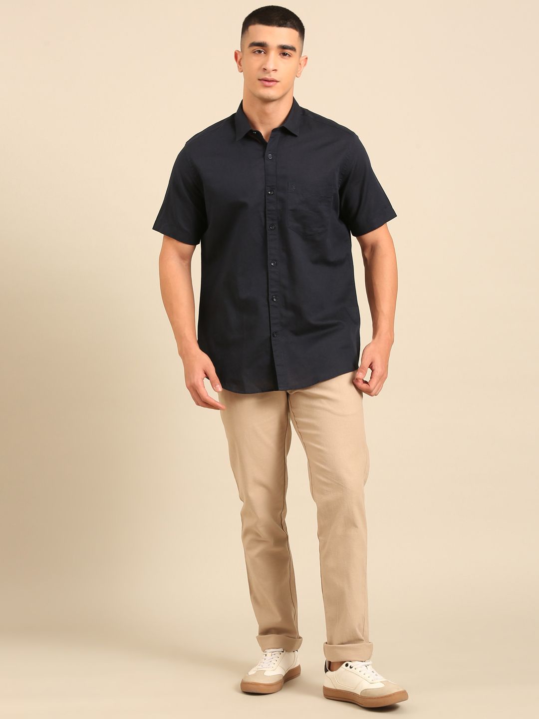 Cavallo by Linen Club Men's Contemporary Fit Linen blend Half Sleeve Solid Shirt CASHSDN02L847