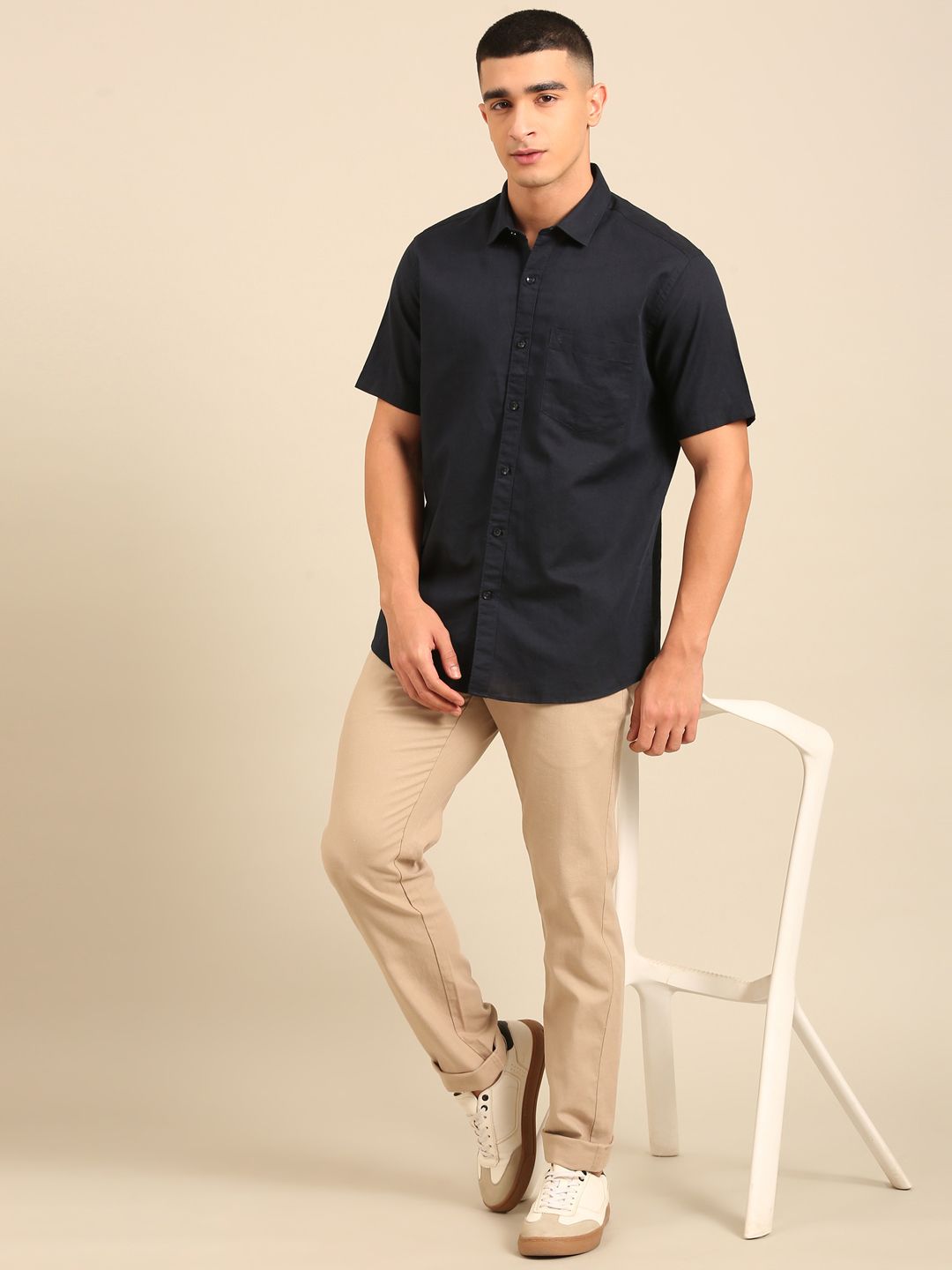 Cavallo by Linen Club Men's Contemporary Fit Linen blend Half Sleeve Solid Shirt CASHSDN02L847
