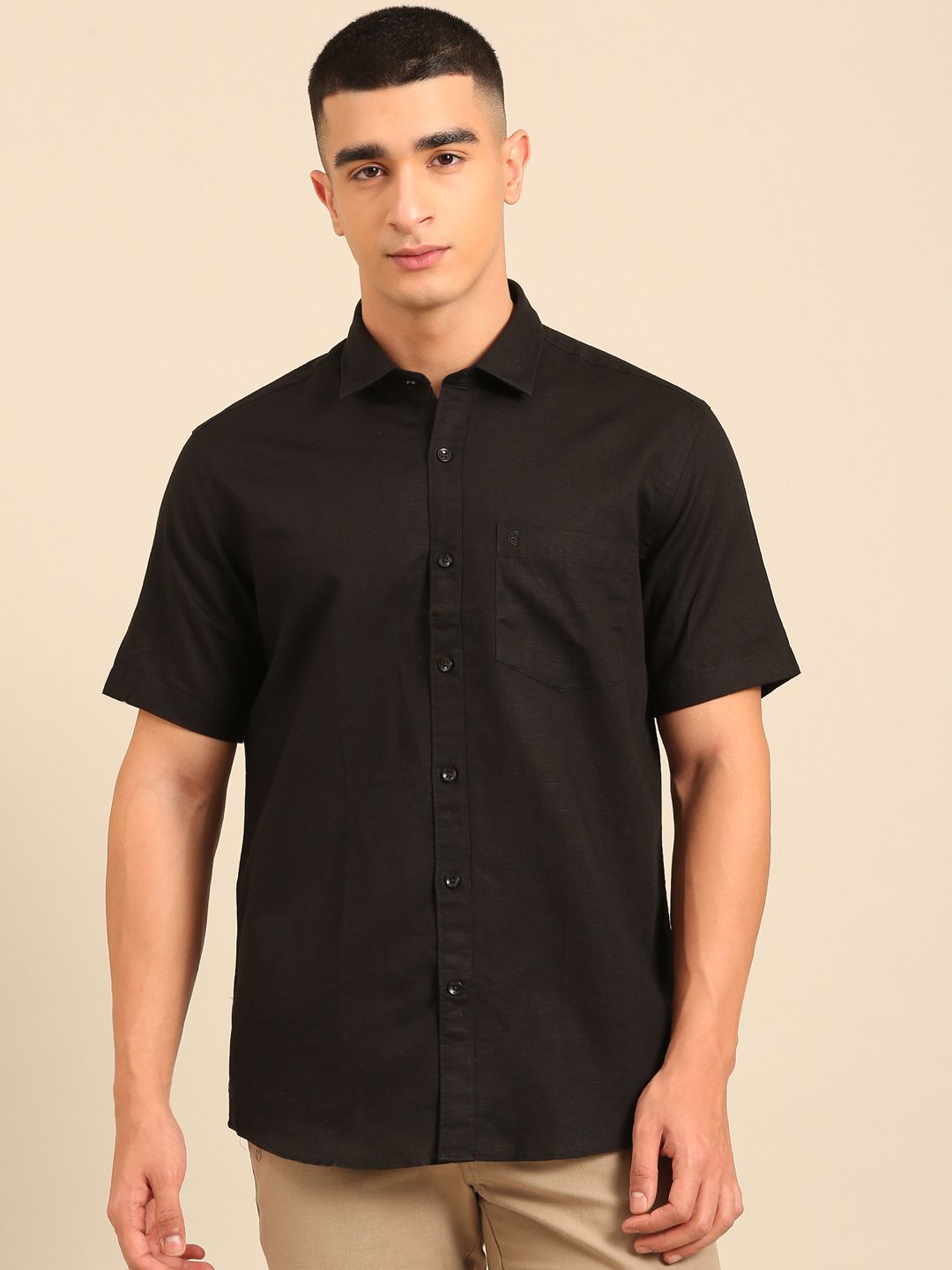 Cavallo by Linen Club Men's Contemporary Fit Linen blend Half Sleeve Solid Shirt CASHSDN02L851