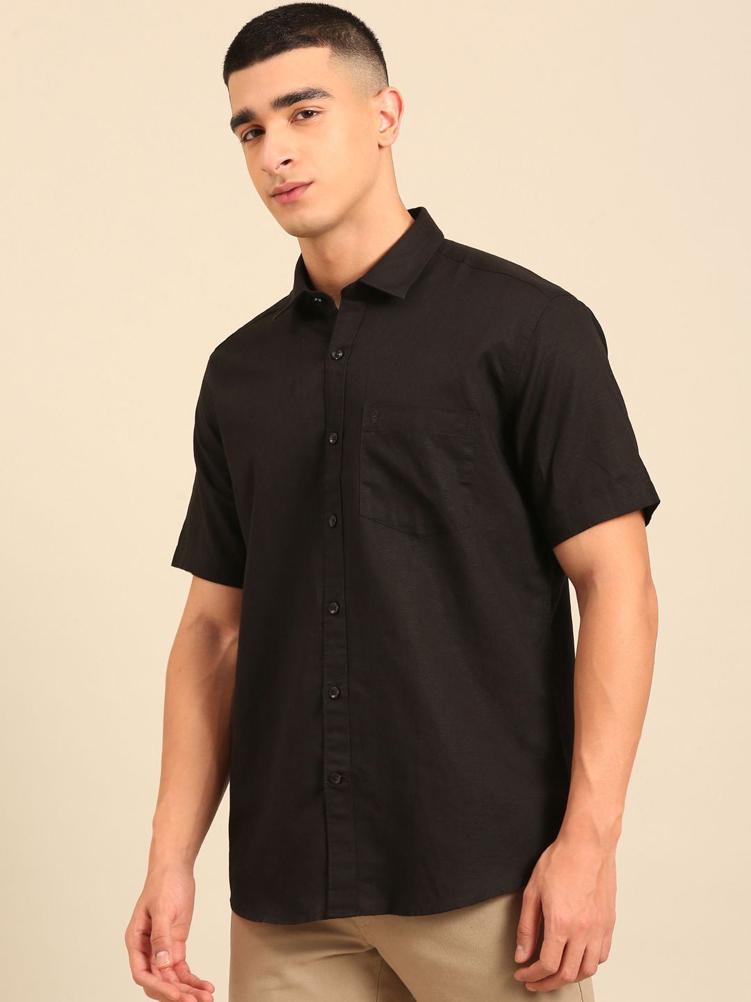 Cavallo by Linen Club Men's Contemporary Fit Linen blend Half Sleeve Solid Shirt CASHSDN02L851