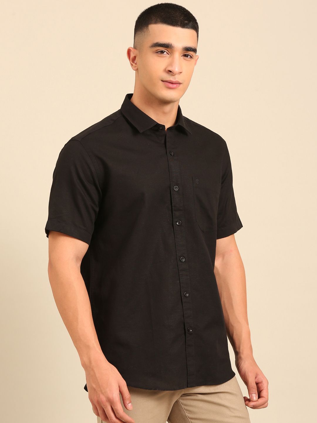 Cavallo by Linen Club Men's Contemporary Fit Linen blend Half Sleeve Solid Shirt CASHSDN02L851
