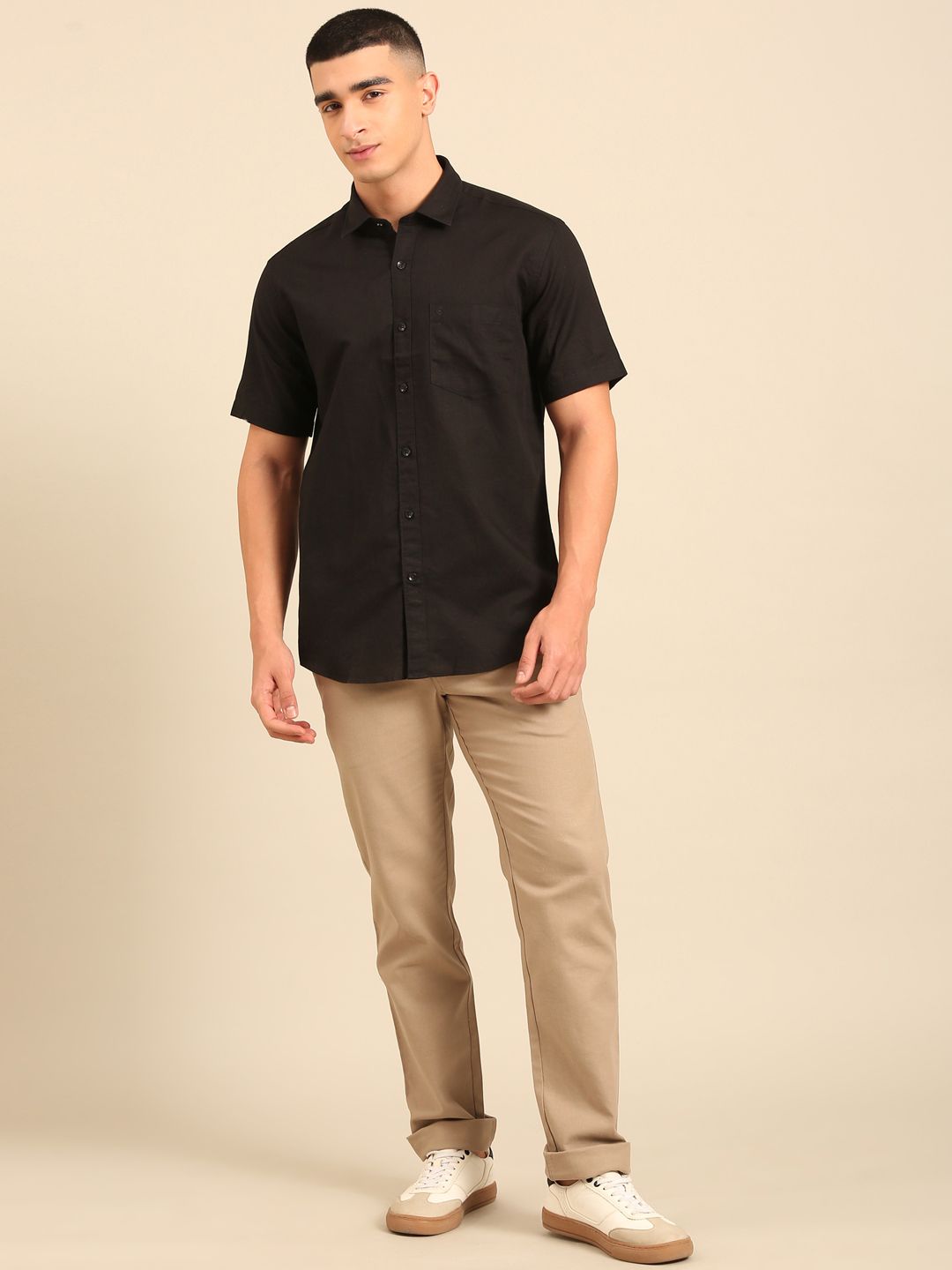 Cavallo by Linen Club Men's Contemporary Fit Linen blend Half Sleeve Solid Shirt CASHSDN02L851