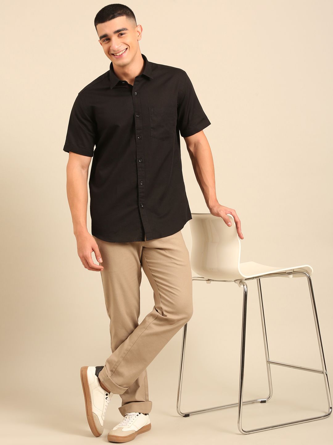 Cavallo by Linen Club Men's Contemporary Fit Linen blend Half Sleeve Solid Shirt CASHSDN02L851