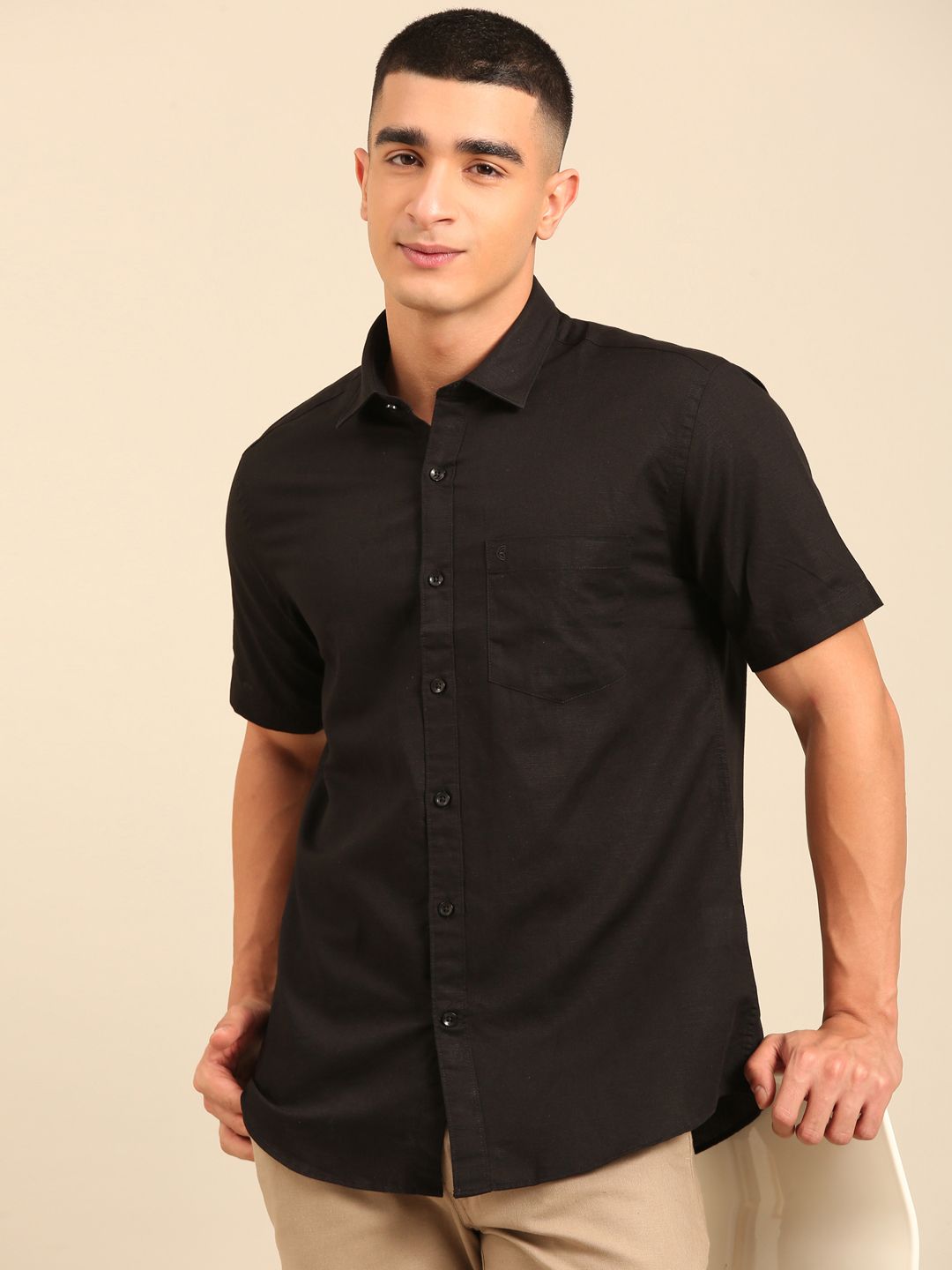 Cavallo by Linen Club Men's Contemporary Fit Linen blend Half Sleeve Solid Shirt CASHSDN02L851