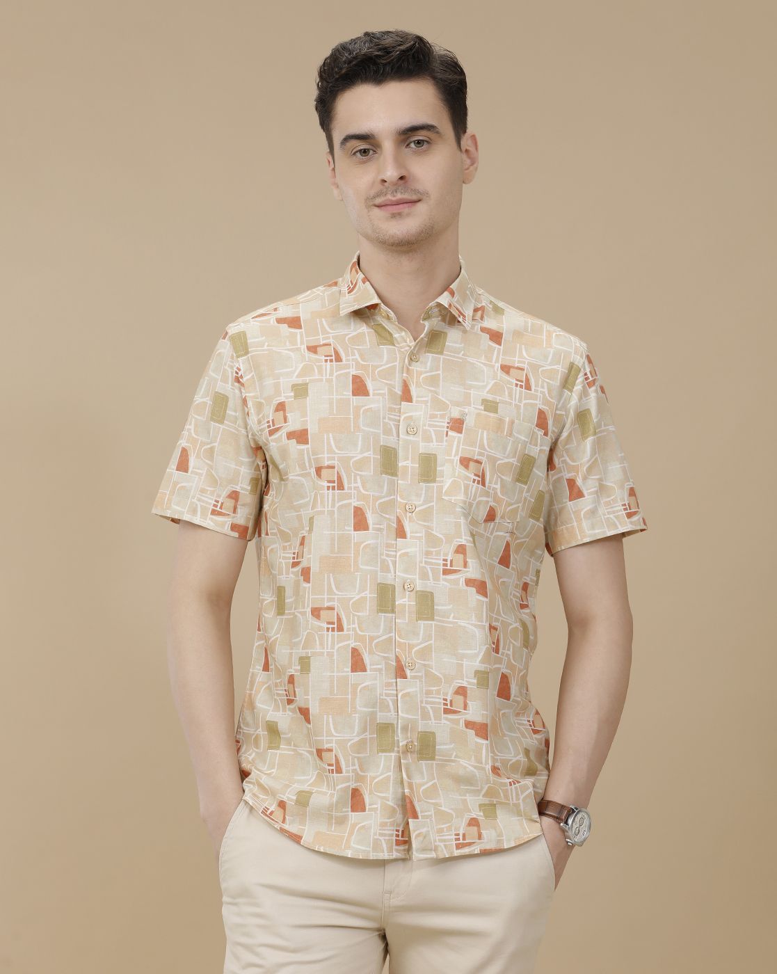 CAVALLO by Linen Club Men's Blended Linen Brown Printed Contemporary Fit Half Sleeve Casual Shirt