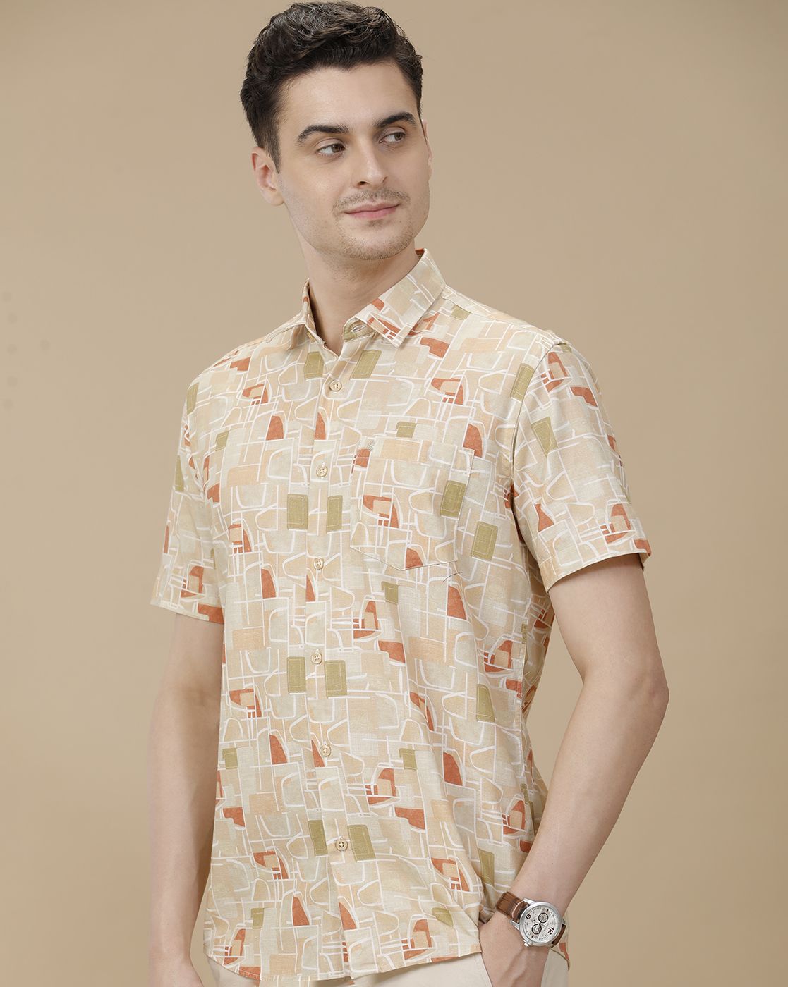 CAVALLO by Linen Club Men's Blended Linen Brown Printed Contemporary Fit Half Sleeve Casual Shirt