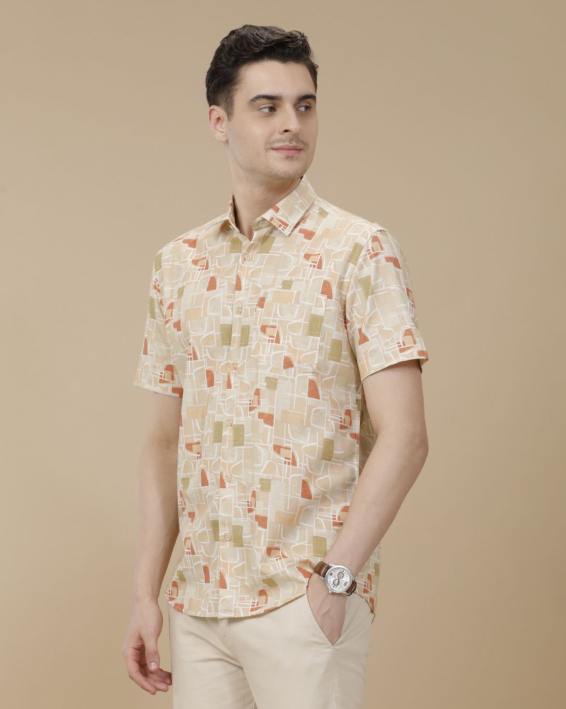 CAVALLO by Linen Club Men's Blended Linen Brown Printed Contemporary Fit Half Sleeve Casual Shirt