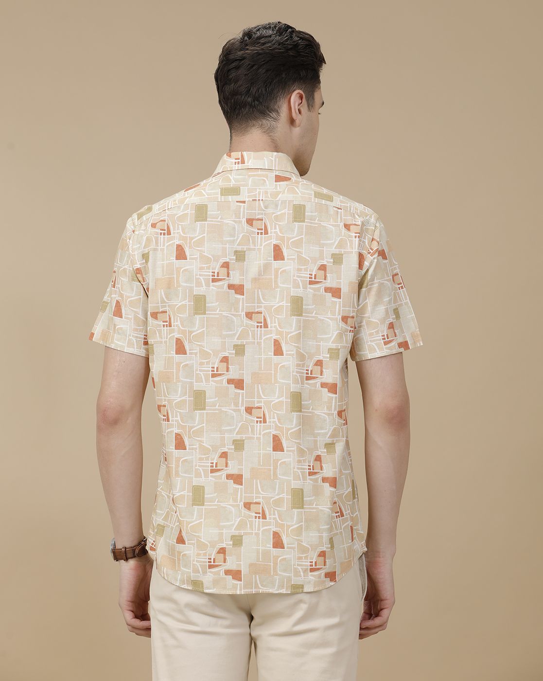 CAVALLO by Linen Club Men's Blended Linen Brown Printed Contemporary Fit Half Sleeve Casual Shirt