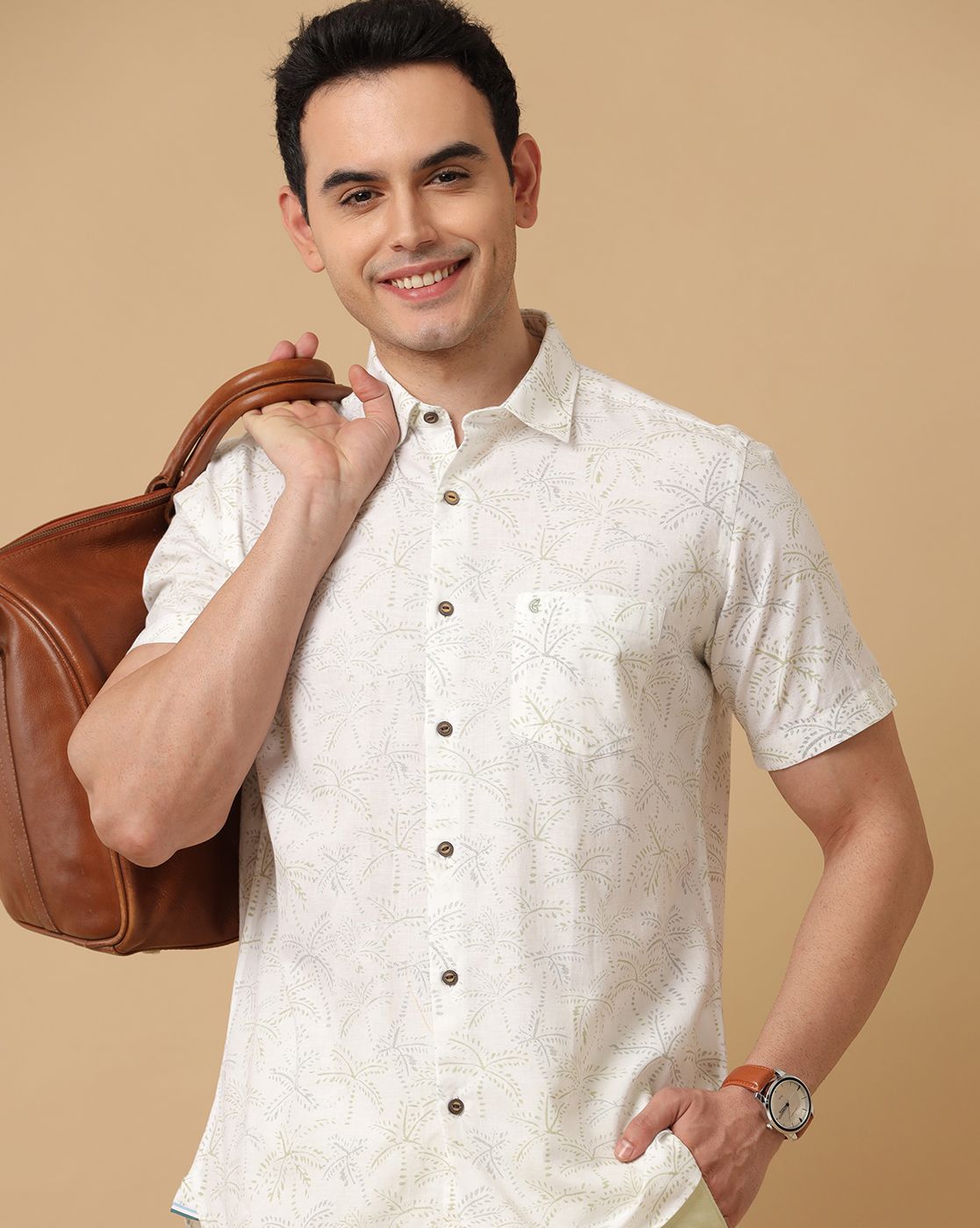 Cavallo By Linen Club Men's White Printed Contemporary Fit Half Sleeve Casual Shirt