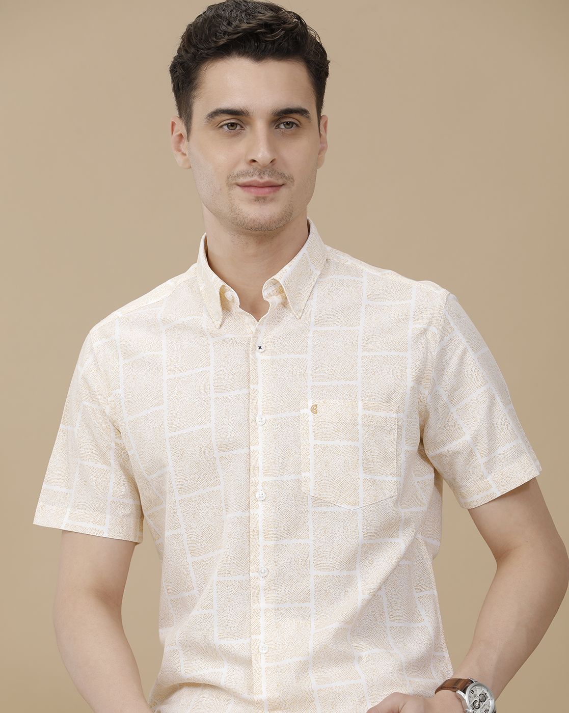 CAVALLO by Linen Club Men's Blended Linen White Printed Contemporary Fit Half Sleeve Casual Shirt