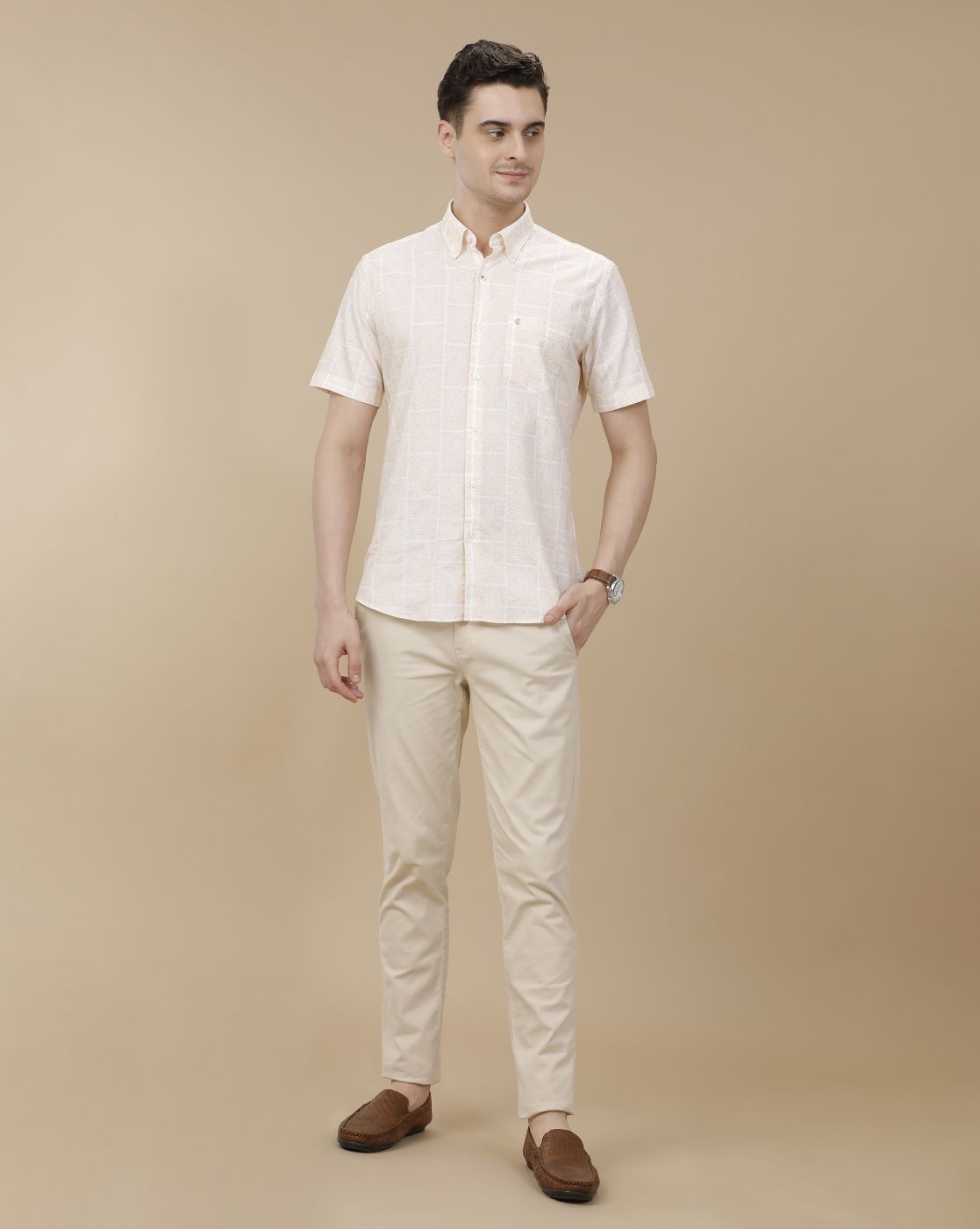 CAVALLO by Linen Club Men's Blended Linen White Printed Contemporary Fit Half Sleeve Casual Shirt