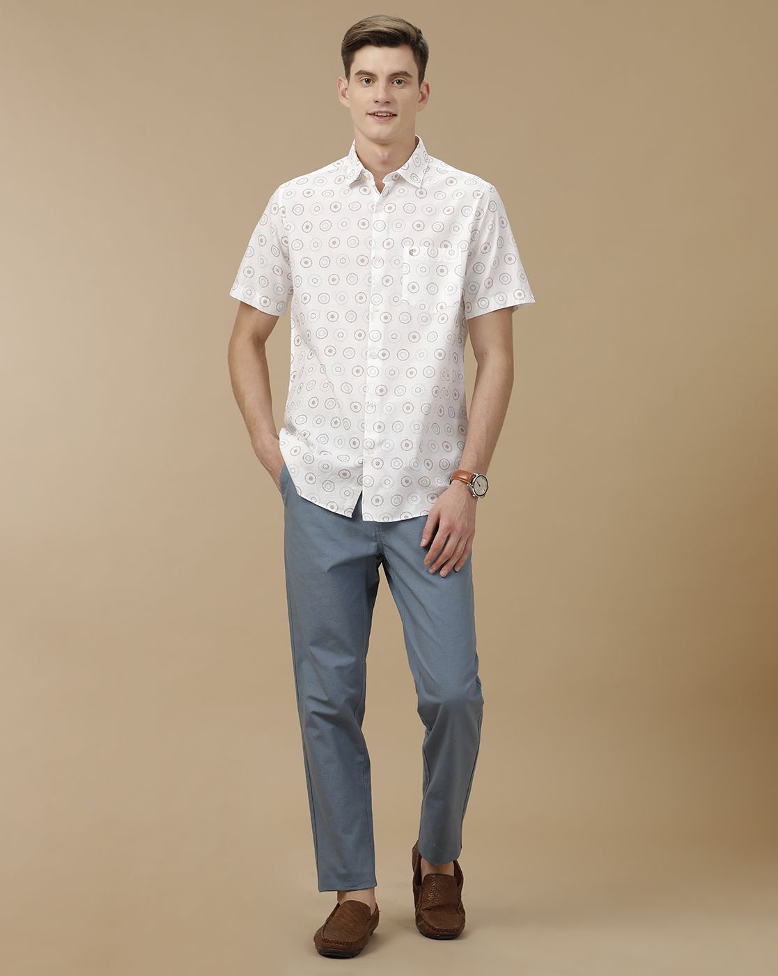 Men's Blended Linen White Printed Contemporary Fit Half Sleeve Casual Shirt