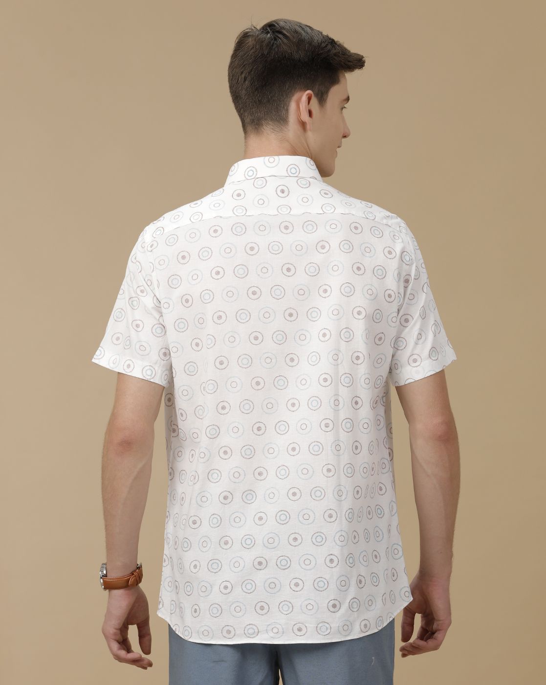Men's Blended Linen White Printed Contemporary Fit Half Sleeve Casual Shirt