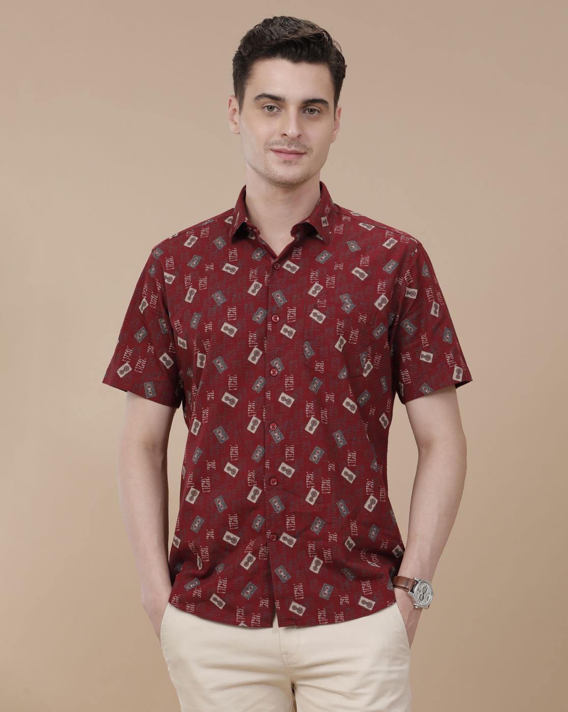 CAVALLO by Linen Club Men's Blended Linen Maroon Printed Contemporary Fit Half Sleeve Casual Shirt
