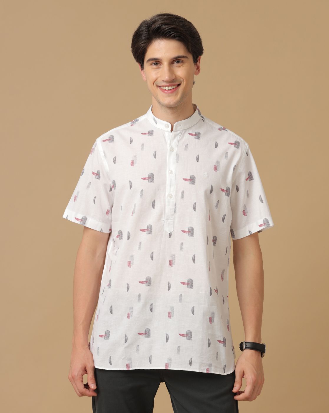 Men's Blended Linen White Printed Contemporary Fit Half Sleeve Casual Shirt