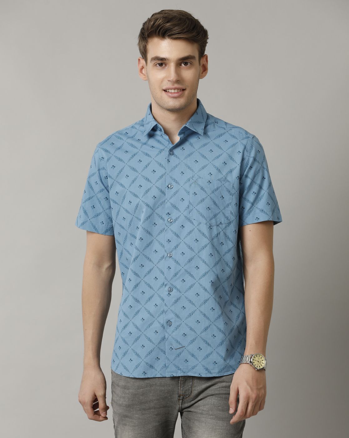 Cavallo By Linen Club Men's Blue Printed Contemporary Fit Half Sleeve Casual Shirt