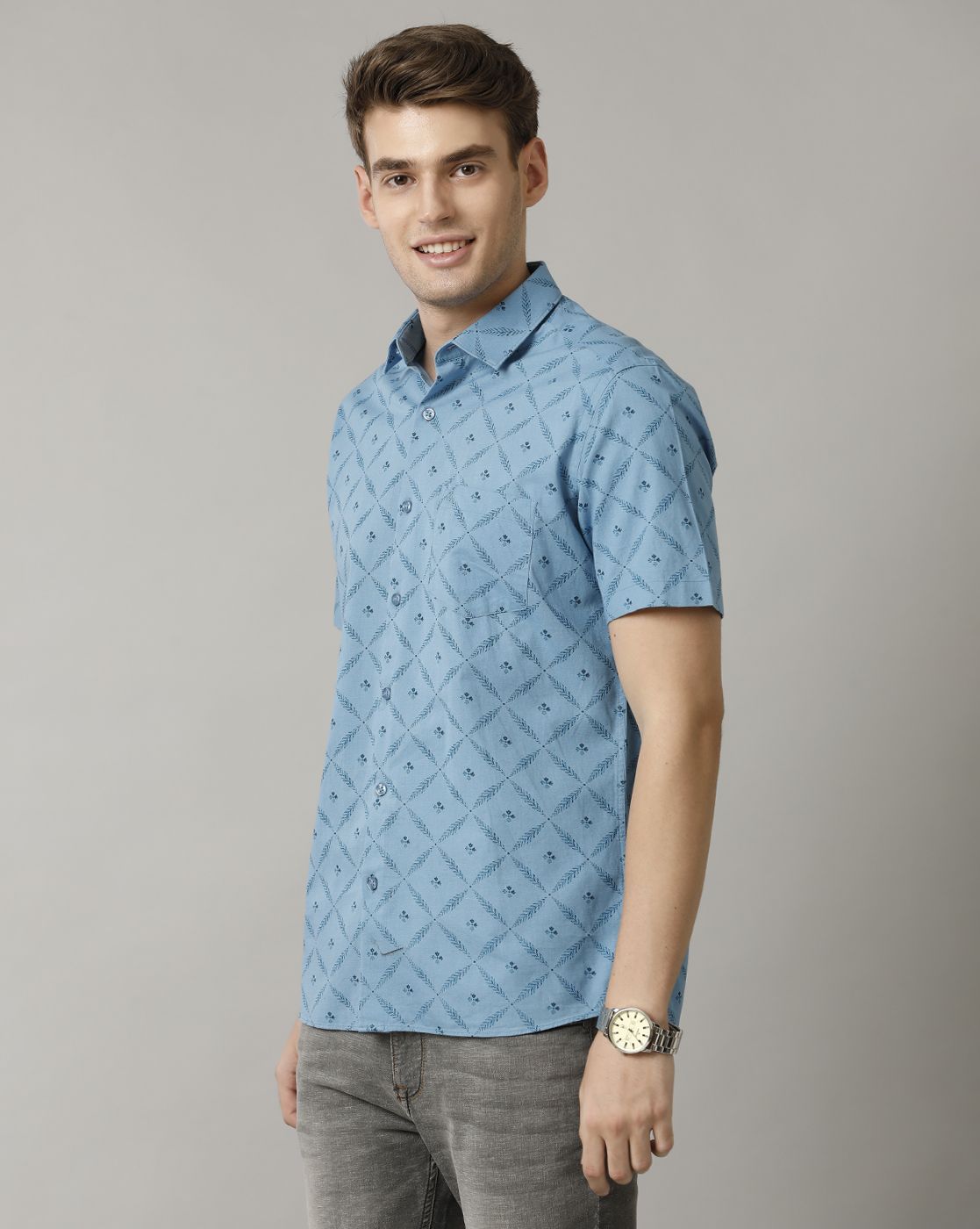 Cavallo By Linen Club Men's Blue Printed Contemporary Fit Half Sleeve Casual Shirt