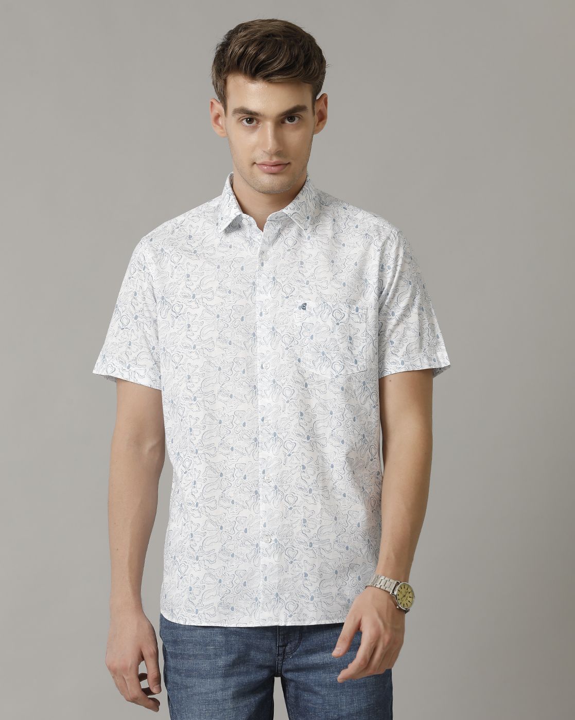 Men's Blended Linen Blue Printed Contemporary Fit Half Sleeve Casual Shirt