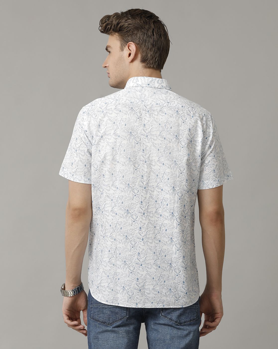 Men's Blended Linen Blue Printed Contemporary Fit Half Sleeve Casual Shirt