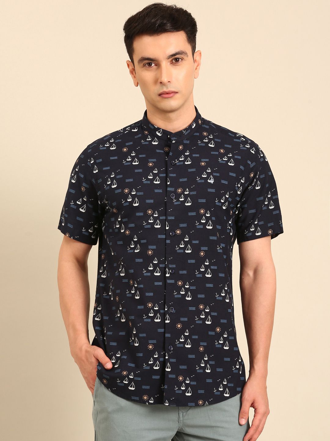 CAVALLO by Linen Club Men's Blended Linen Navy Printed Contemporary Fit Half Sleeve Casual Shirt