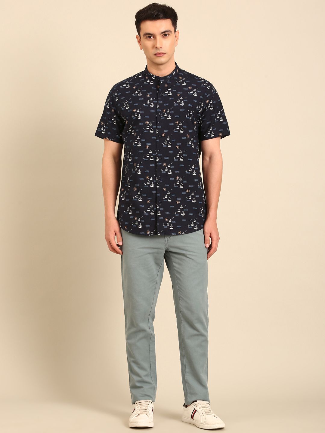 CAVALLO by Linen Club Men's Blended Linen Navy Printed Contemporary Fit Half Sleeve Casual Shirt