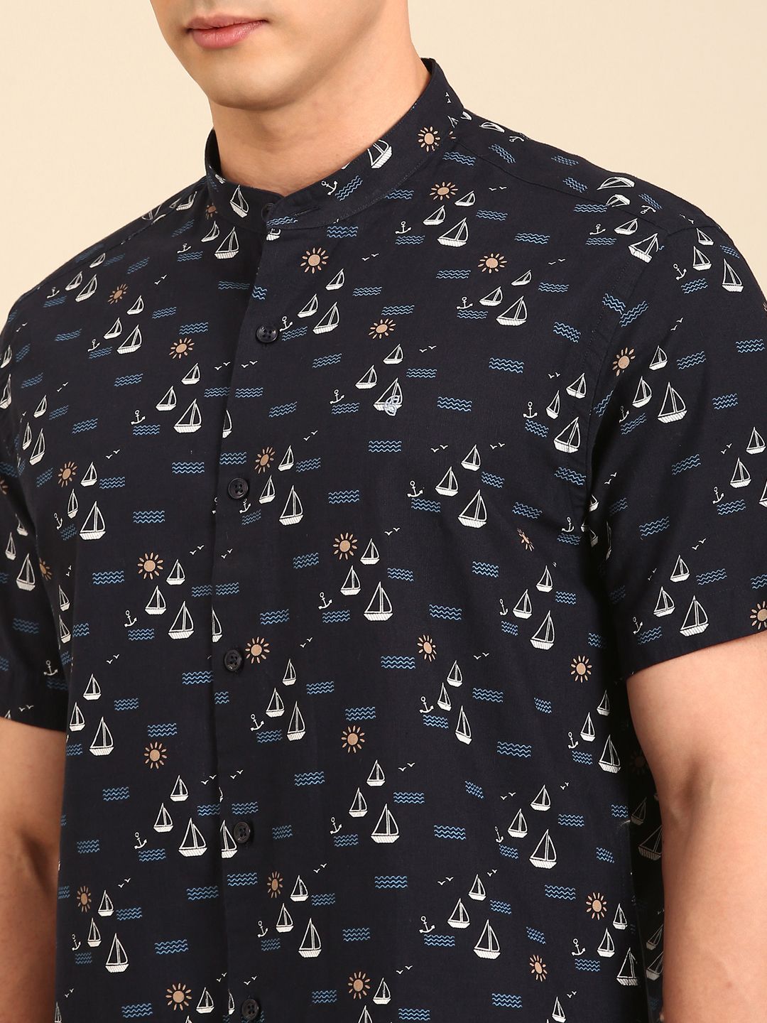 CAVALLO by Linen Club Men's Blended Linen Navy Printed Contemporary Fit Half Sleeve Casual Shirt