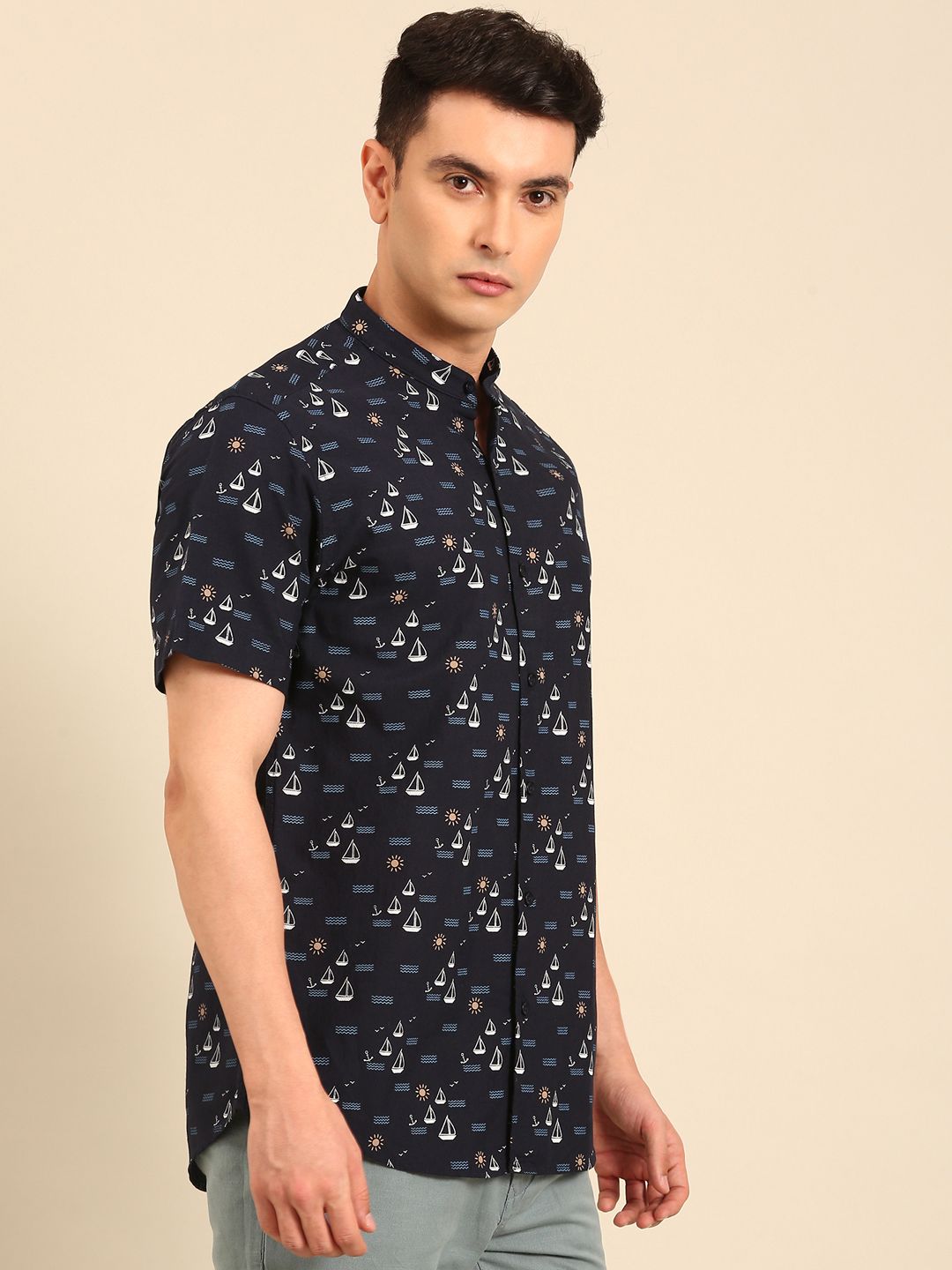 CAVALLO by Linen Club Men's Blended Linen Navy Printed Contemporary Fit Half Sleeve Casual Shirt