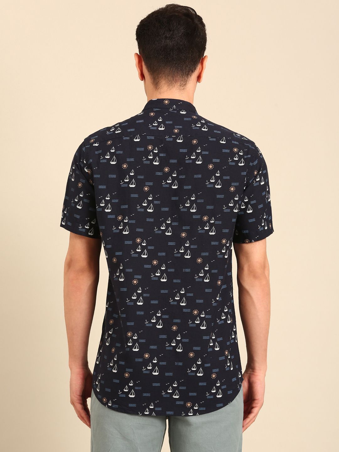CAVALLO by Linen Club Men's Blended Linen Navy Printed Contemporary Fit Half Sleeve Casual Shirt